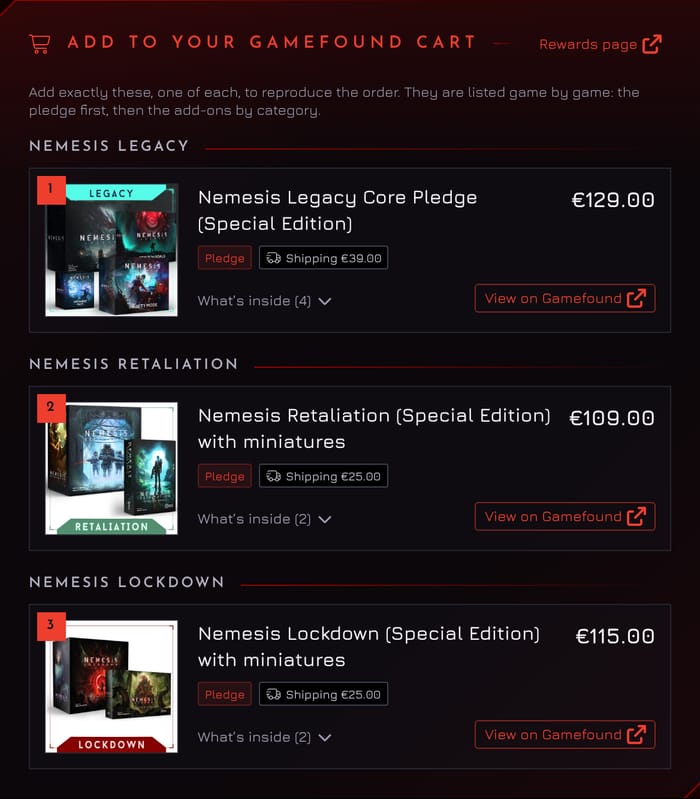 The list of what to add to the Gamefound cart: the Legacy, Retaliation and Lockdown pledges, each with its box art, price and shipping.