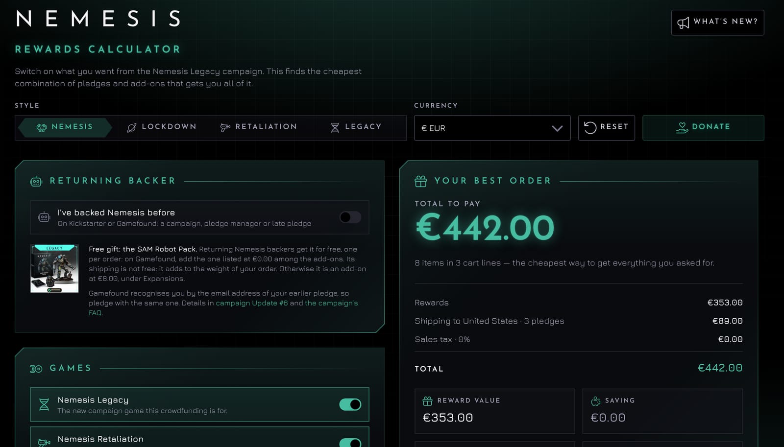 The calculator with Nemesis Legacy, Retaliation and Lockdown switched on, showing a best order of €442.00 including shipping to the United States.