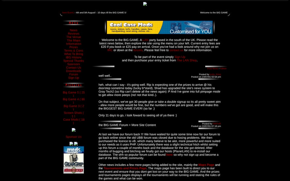 The 2001 homepage: red links on black, a menu down the left, a case-mod sponsor banner and news posts about the BIG GAME 5.