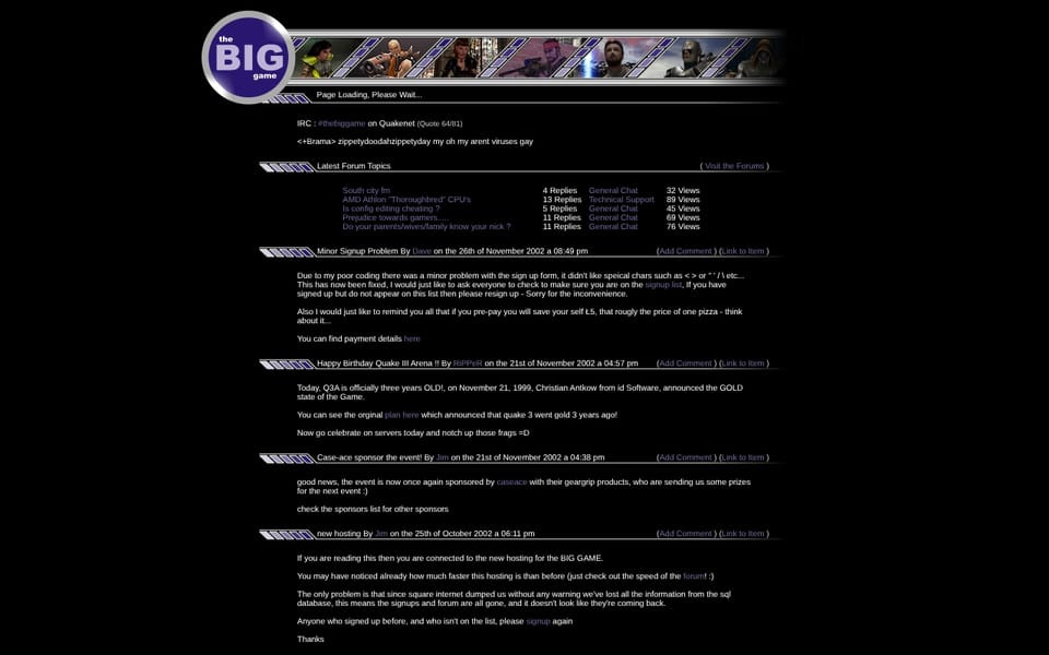 The late-2002 homepage: a purple circular BIG game logo beside a banner of game characters on black, above forum topics and news posts.
