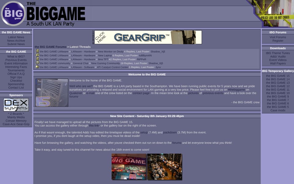 The 2005 homepage: a three-column lilac layout with THE BIGGAME, A South UK LAN Party in the header, menus either side and news in the middle.