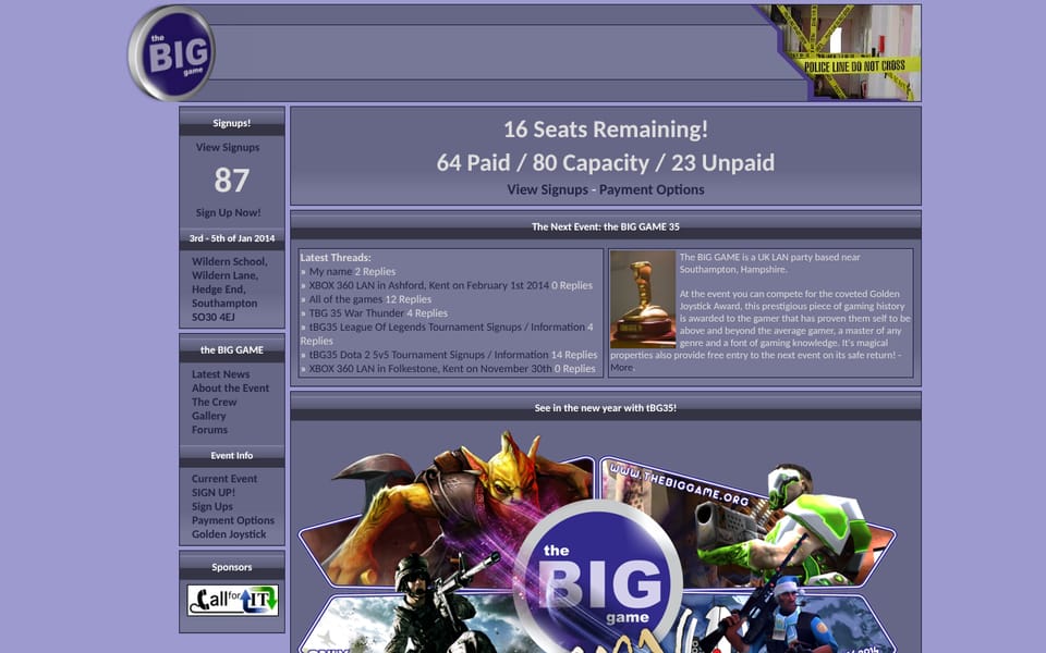 The December 2013 homepage: 16 seats remaining of 80, a sidebar with the event date and venue, and a poster for tBG35.